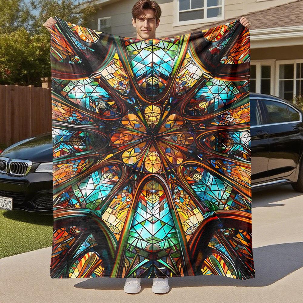 1PC Stained Glass KaleidoscopeOutdoor Flannel Blanket - Soft Plush Decor for Picnics, camping, Bedroom, Playroom, Office, or Lunch Break 1310A