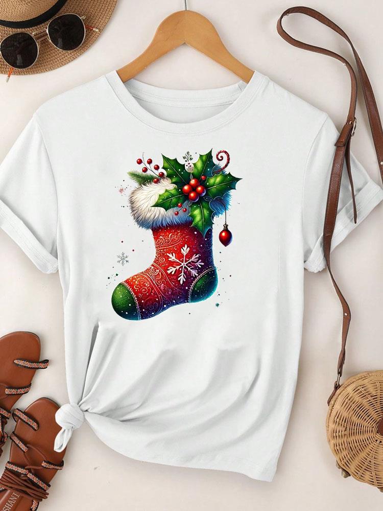 (Asian Size)  Merry Christmas Tee Top festival New Year Holiday Casual lovely letter trend Women Print Lady Short Sleeve Fashion Graphic T-shirts