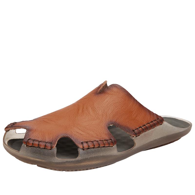 Men's Slippers Summer Handmade Baotou Half Slippers Men's Genuine Leather Roman Sandals Without Heel Slip-On Lazy Flat Mules