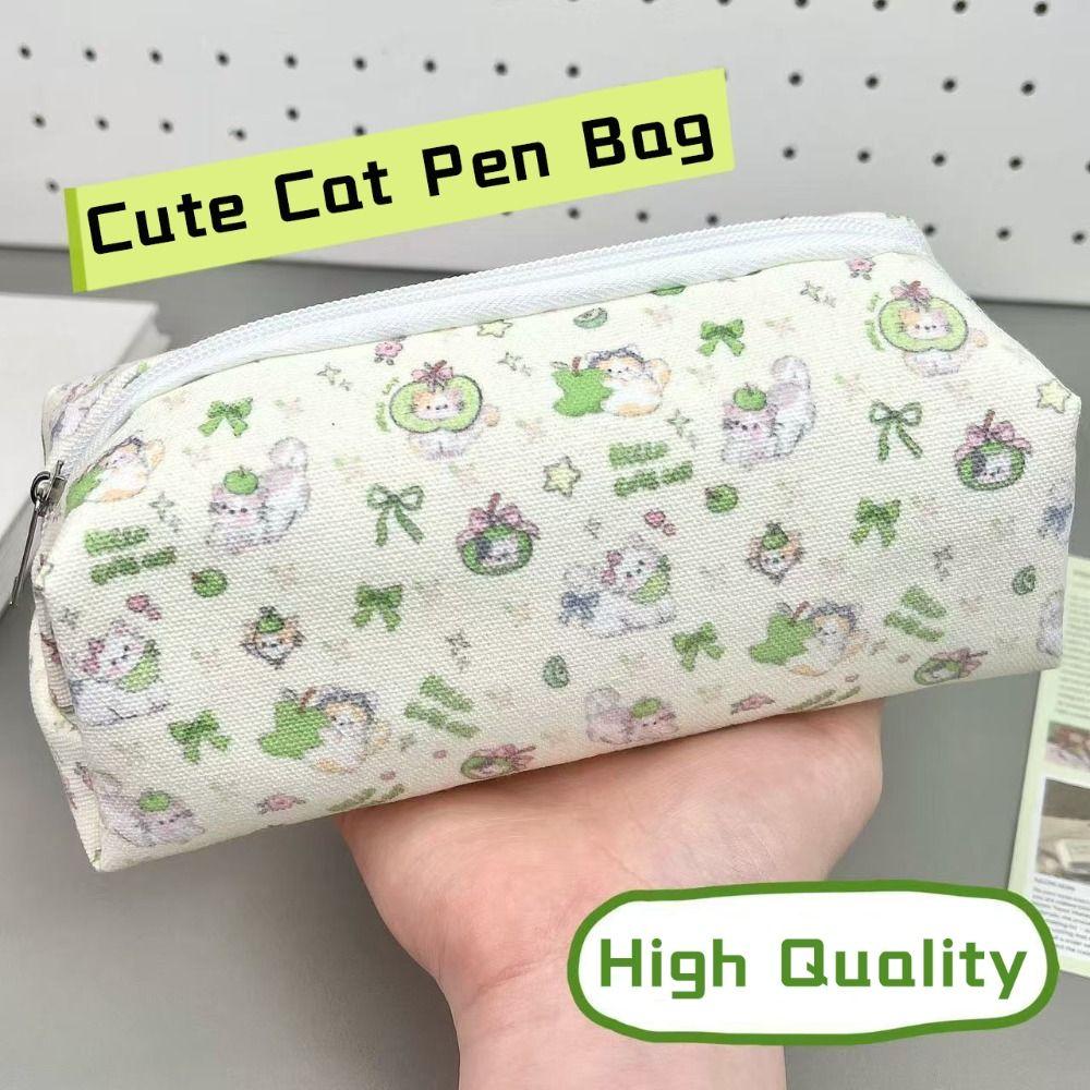 High Quality Canvas Pen Bag Large Capacity Zipper Design Pencil Case Cat Printted Patterns Stationery Bag Student Gift