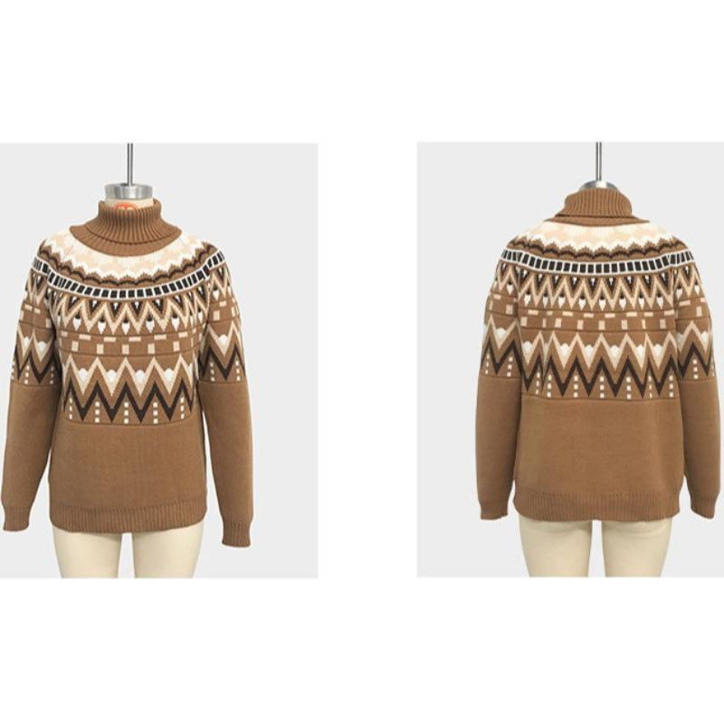Autumn Winter High Neck Loose Knit Sweaters Retro Striped Patchwork and Contrasting Colors Sweaters