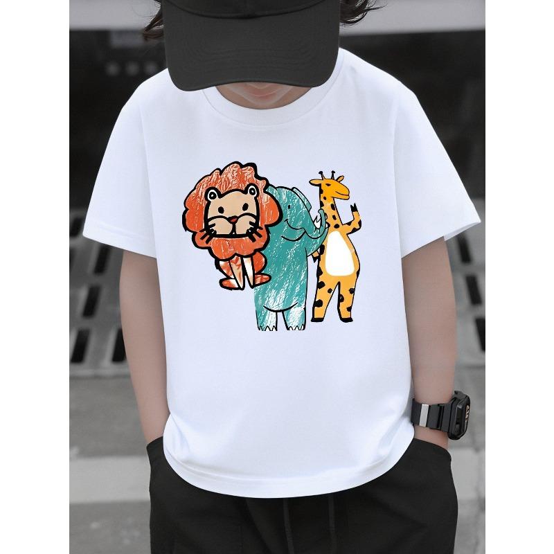 Boys Knit Crewneck T-Shirt, Cute Lion Elephant Giraffe Cartoon Animal Print 110 белый