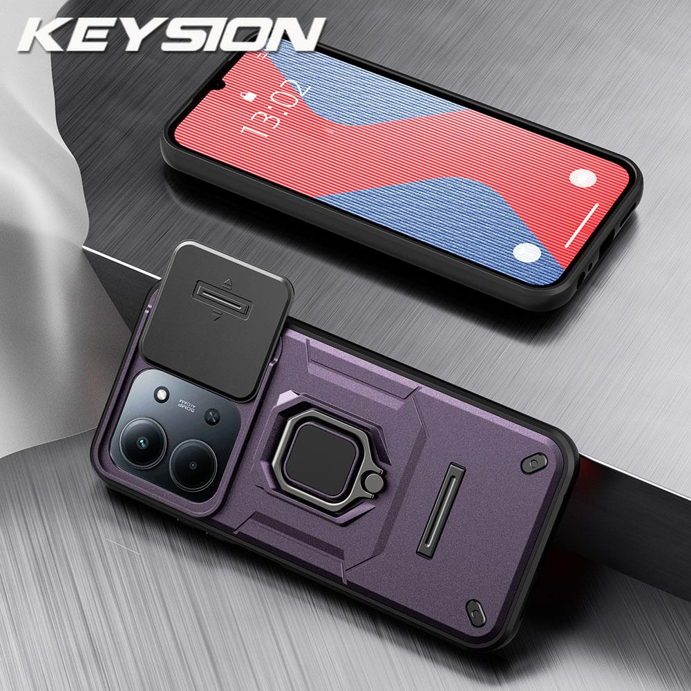 KEYSION Shockproof Armor Case for Redmi 15C 171mm 173mm Slide Camera Lens Protection Metal Ring Stand Phone Back Cover for POCO C85