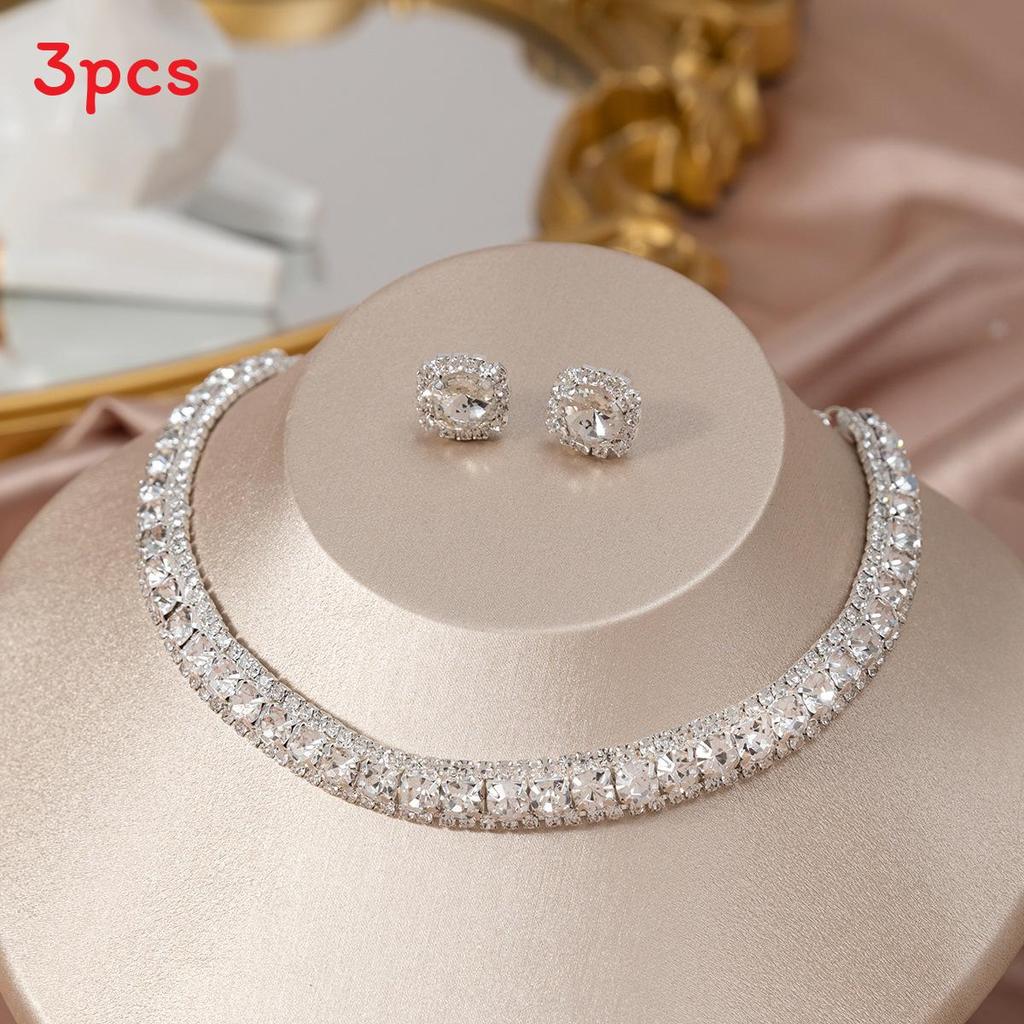 

Geometric Diamond Necklace And Earring Set For Women With Water Drill Sparkle For Elegant Wear белый