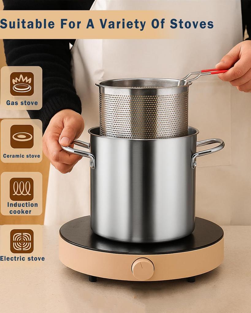 Stainless Steel Deep Fryer Pot With Basket & Lid, Oil Strainer Pot For Frying Fish, Shrimp, Chicken & Fries - Japanese
