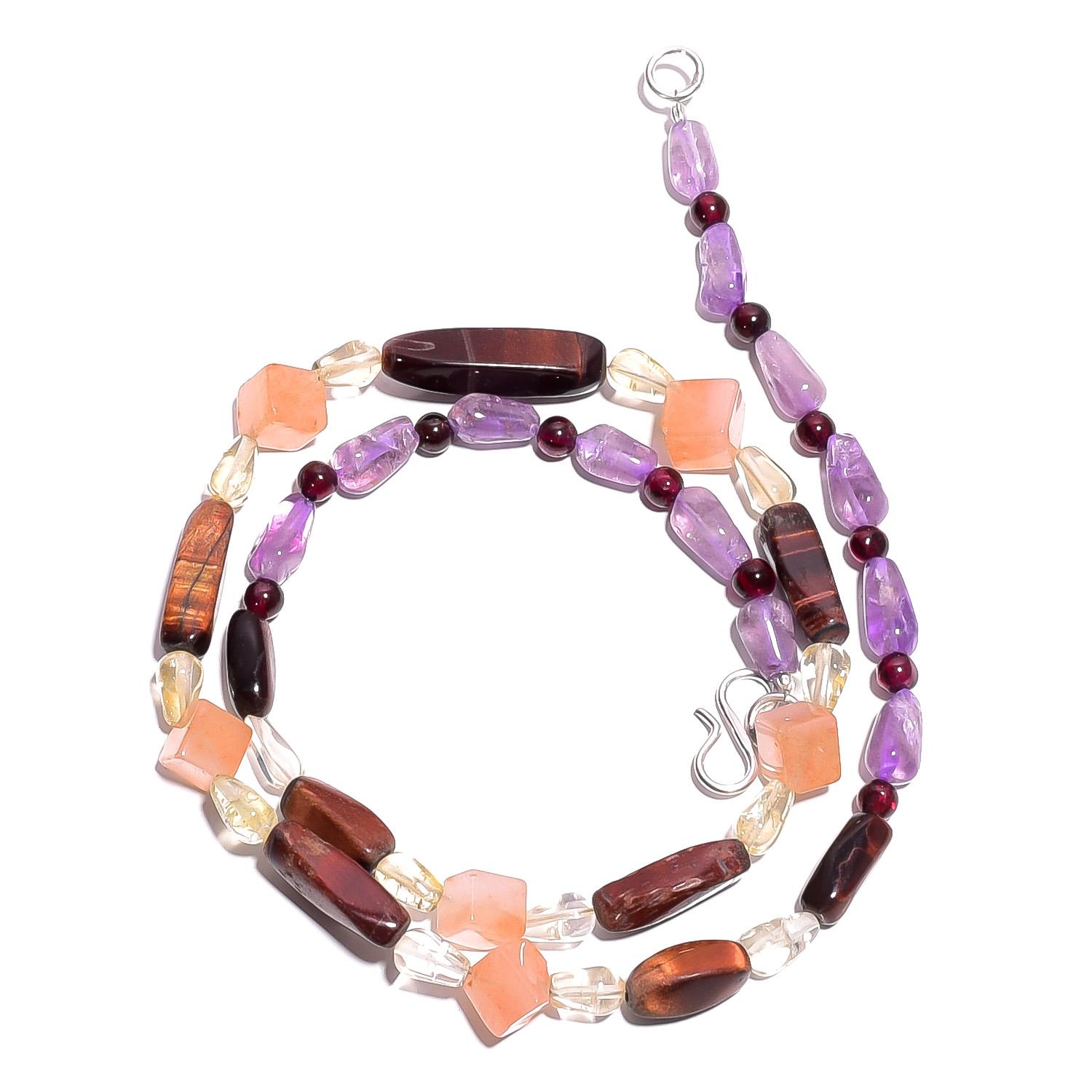 

Natural Amethyst Tiger Eye Garnet Gemstone Smooth Beads Necklace 17 UB-4801 UB-4801