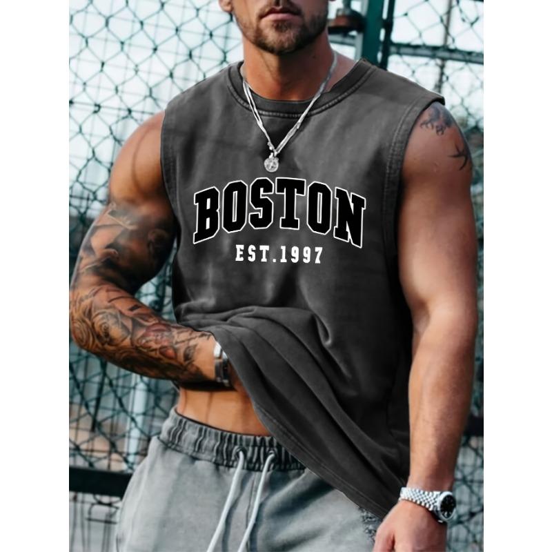 Pánská letní móda ležérní sportovní volná vesta s potiskem Boston est 1997 pohodlná prodyšná kulatý výstřih bez rukávů