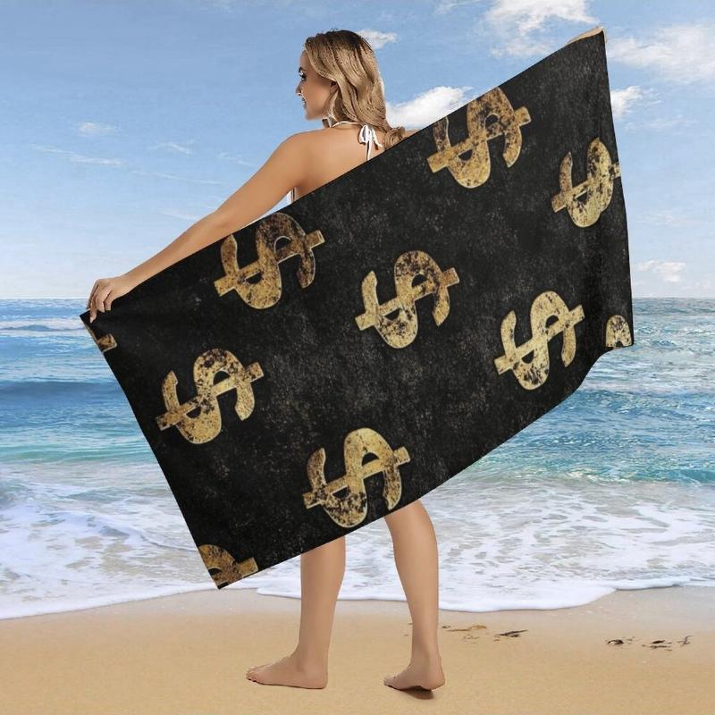 

Golden Dollar Symbols Beach Towel - Super Absorbent Quick-Dry Microfiber, Black with Golden Dollar Bill Design, Lightweight W40*H60(CM)