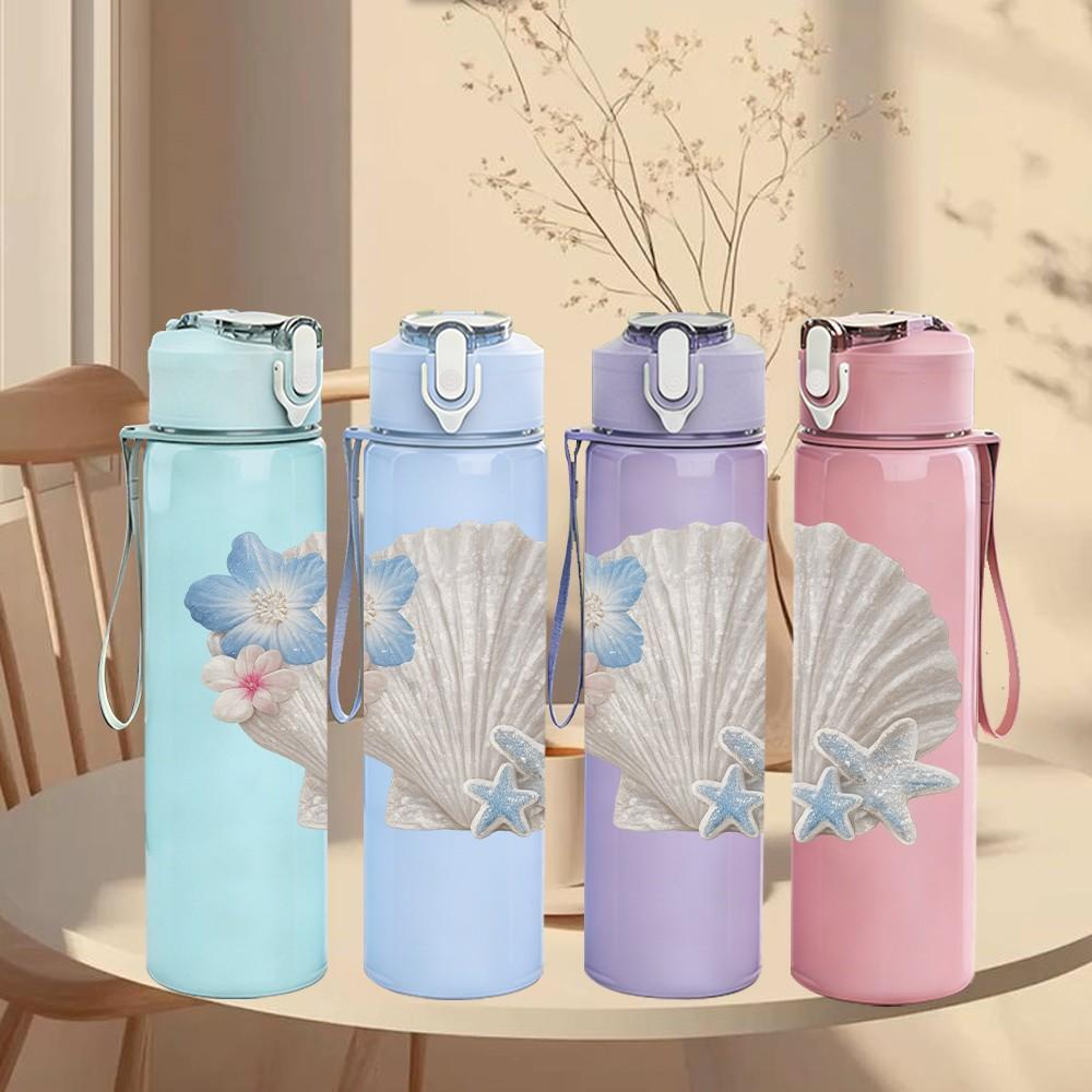 1PC Conch Shell Blue Flower Art Print 750ml Color Plastic Sports Water Bottle Leakproof Flip Straw Lid Suitable for Sports Office Home Use