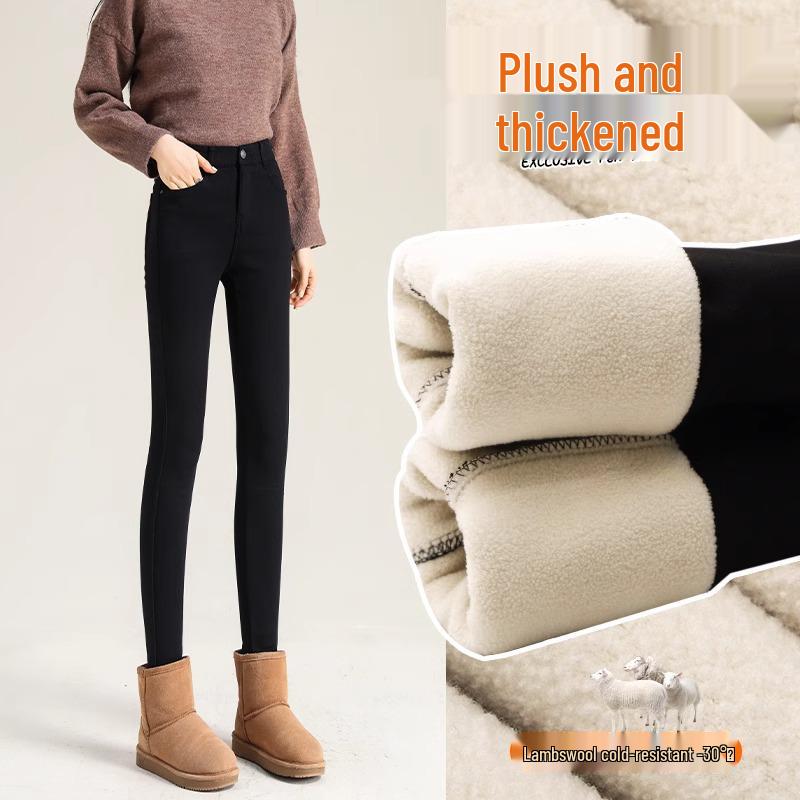Damen Winter Fleecegefütterte Schwarze Leggings - Dicke Lammfleece Baumwolle, Slim Fit, Herbst/Winter 2025 Stil