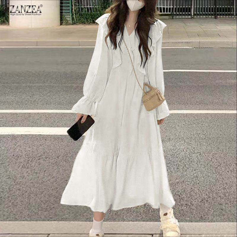 ZANZEA Women Casual V-Neck Solid Color Loose Long Sleeve Dress
