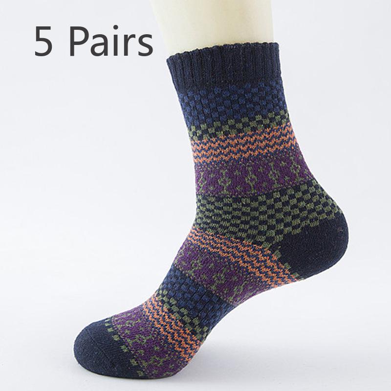 5 Pairs of Men's Autumn and Winter Rabbit Wool Socks, Mid-calf Men's Socks, Small Checkered, Retro Ethnic Style