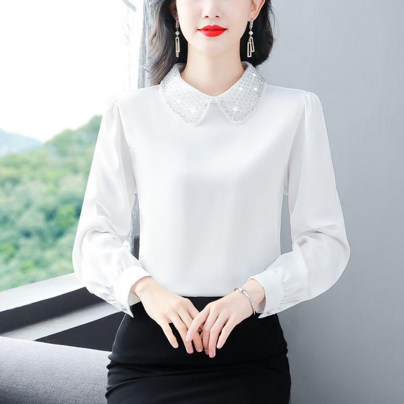 

Елегантна сорочка з довгим рукавом зі стразами, вільного крою, жіноча блузка, весна-осінь, трендовий великий розмір, топ, що стрункішає 4XL білий