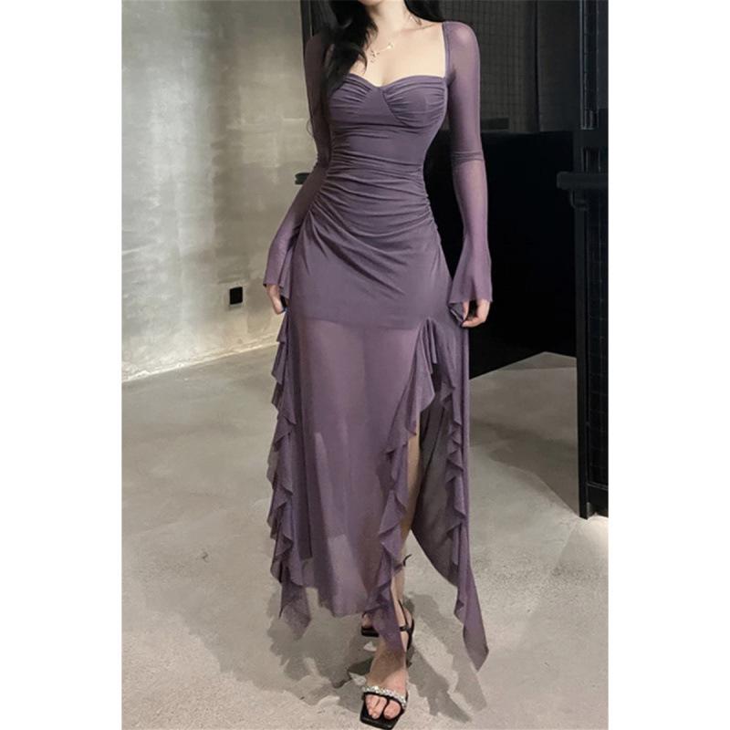 Women's Early Spring High-Waist Mesh Ruffle Bodycon Dress with Square Neck and Slit