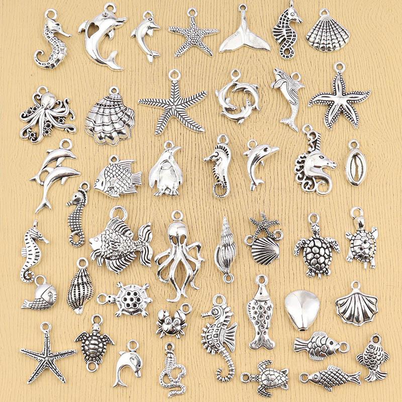 18/48Pcs/Lot Silvery Marine Life Charms For Handmade DIY Bracelets Conch/shells/turtles/fish/seahorse Pendants Earrings And Necklace Jewelry Making.