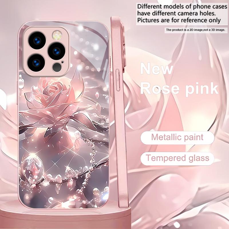 Crystal Pink Rose Glow Pink Metallic Glass Phone Case For iPhone 11 12 13 14 15 16 17 Pro Max Plus 17Air 16E 7 8 Xr XsMAX Cover
