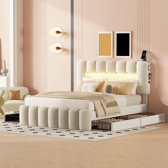 140 X 200cm Large Storage Capacity Upholstered Bed with LED Light Strip USB 4 Drawers Headboard Ergonomic Design Velvet Cover Teen Bed Home