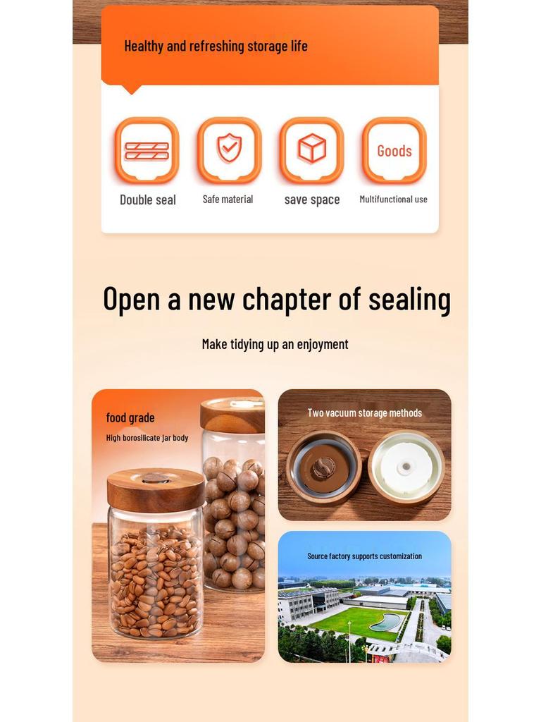 Glass Airtight Coffee Bean Jar with One-Way Vent and Wooden Lid for Food Storage and Preservation