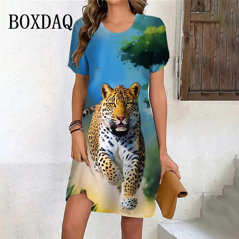 Tiger Graphic Dresses For Women Casual 3D Print Vintage Dress Female Fashion Short Sleeve Plus Size Dress Summer Clothes