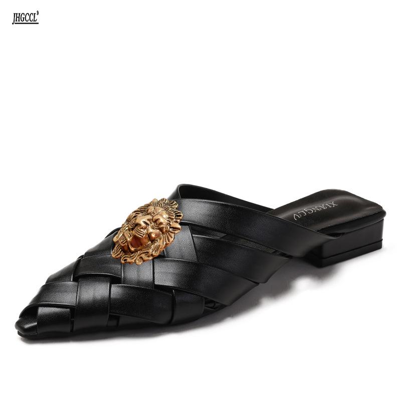 Fashion Hollowed-out Woven Pointed-toe Flip-flops for Women, New Thick-heeled Fashion, Closed-toe Half Slippers, Mules T77