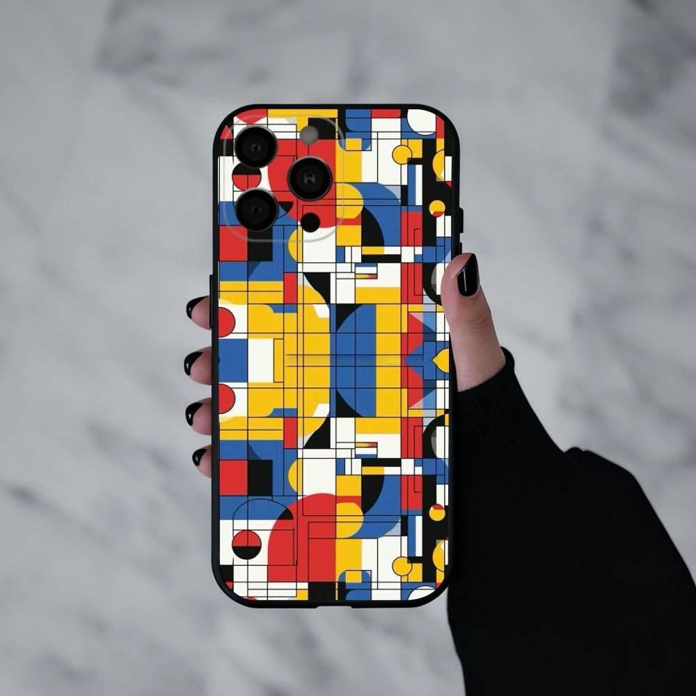 Grid T-TOPLBPCS M-Mondrian  Phone Case For iPhone 17pro,16,15,14,13,12,11 Plus,Pro Max,XS,Soft Silicone Black Cover