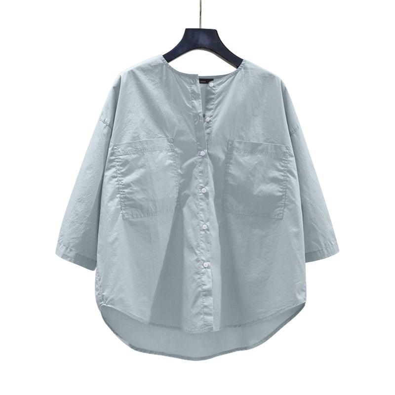 

ZANZEA Женские повседневные рубашки с накладным карманом, пышными рукавами и однотонным цветом, с круглым вырезом XL синий