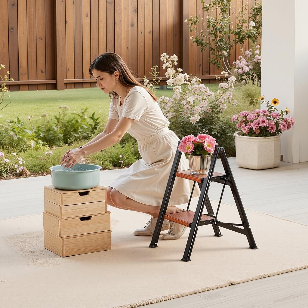 2 Step Ladder, Folding Step Stool with Wide Anti-Slip Pedal and Comfort Handgrip, Lightweight 150 kg Capacity Portable Aluminum Plant Support,