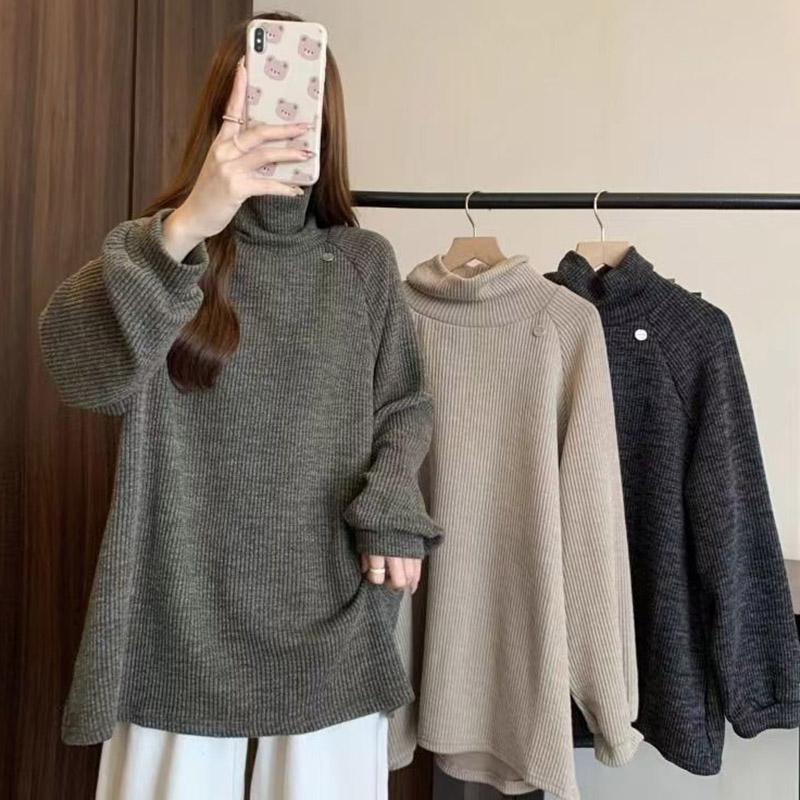 Pullovers Women Long Sleeves Autumn Winter Cotton Blouse Oversized Comfortable Stretch  Solid Color Half-high Neck Loose Tops