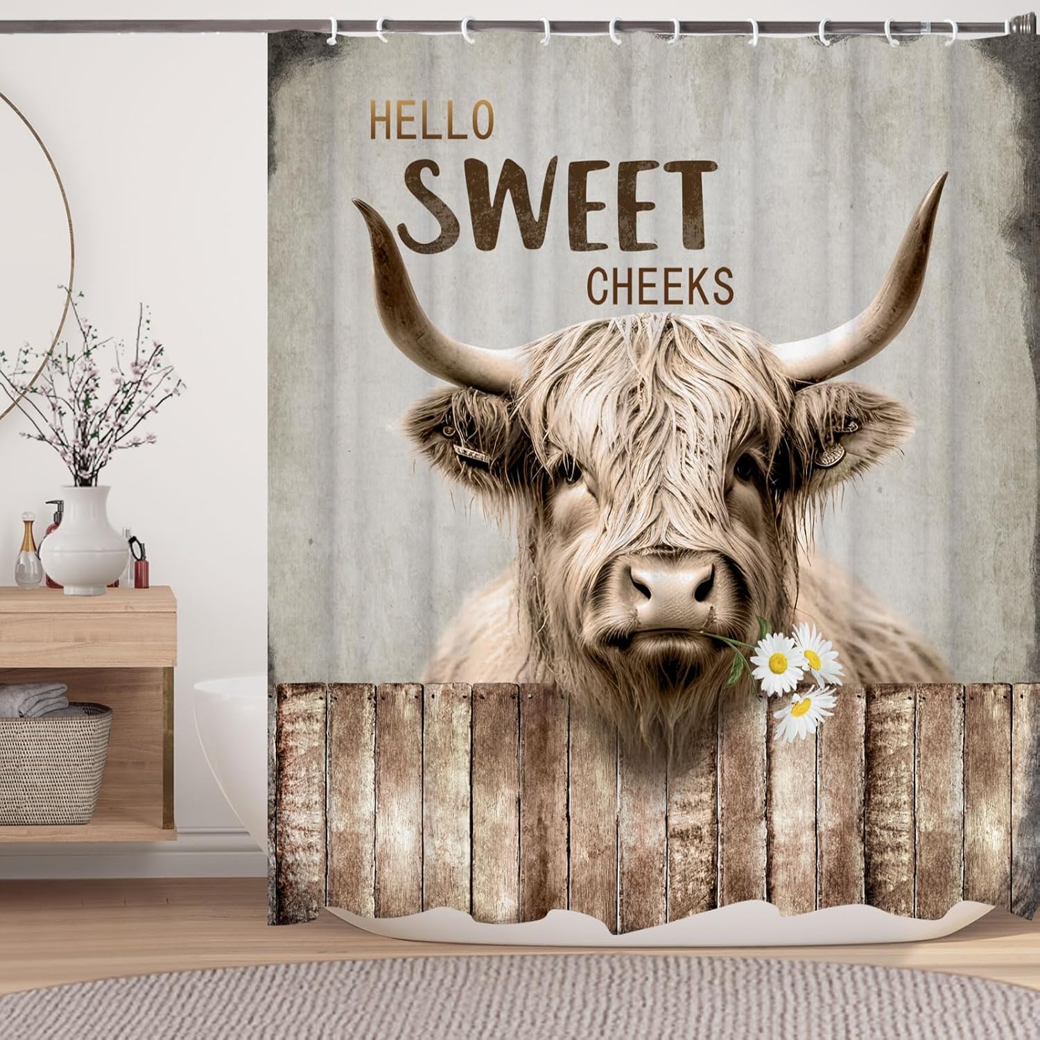 Creative Homewares Scottish Highland Cow Shower Curtain - Farmhouse Rustic Bathroom Decor With Hooks, Western Country Animal Print