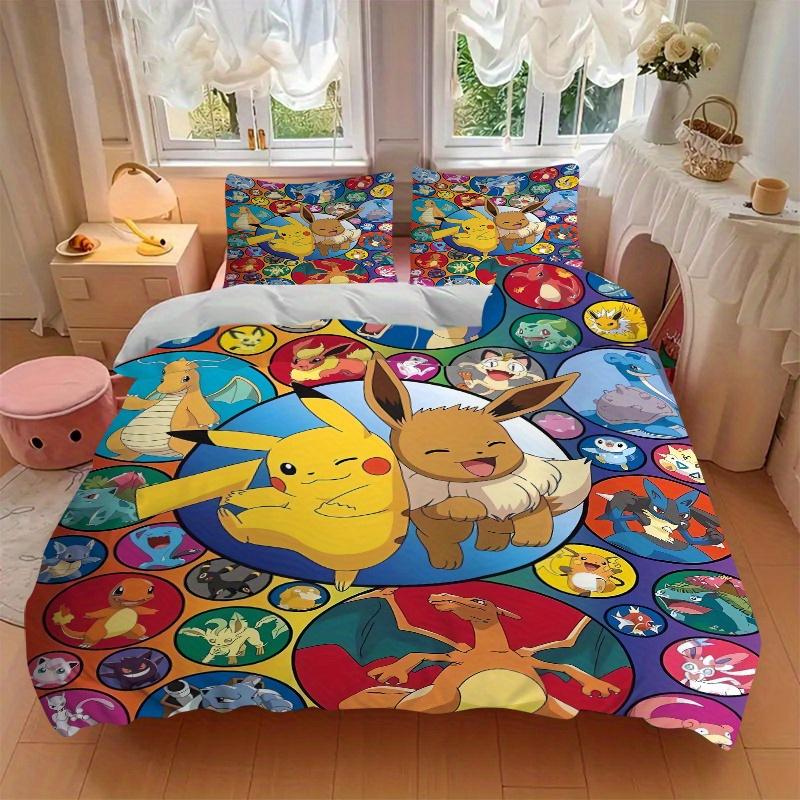 3pcs Eevee Circular & Pokemon Pikachu Quilt Cover Set (1 Quilt Cover + 2 Pillowcases Without Pillow Core), High-Definition Printing for Home and Dormi
