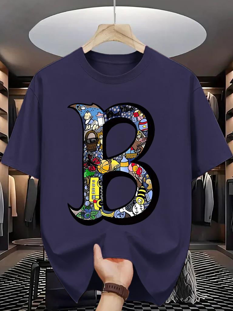 Letní pánské 100% bavlněné sportovně-ležérní módní volné nadměrné velikosti kreativní s potiskem písmena B kulatý výstřih krátký rukáv tričko top