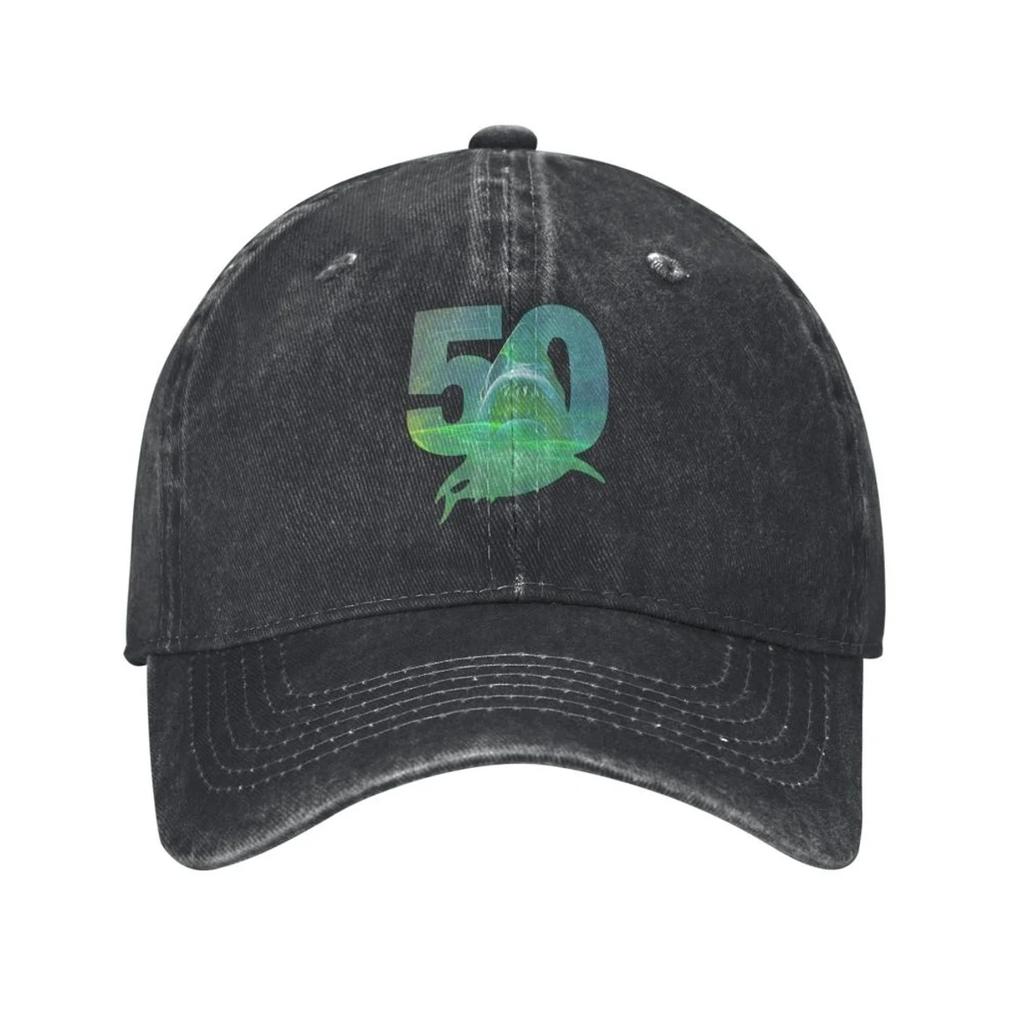 Cappellini da Baseball Logo 50° Anniversario di Lo Squalo Denim Vintage Usurato Snapback Classico Film All'aperto Morbidi Senza Struttura