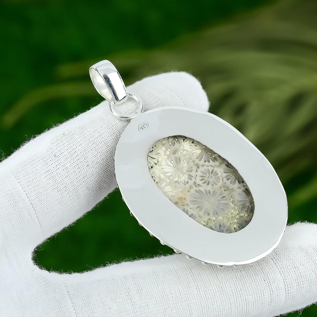 Natural Fossil Coral Gemstone Pendant 925 Sterling Silver Jewelry For Women