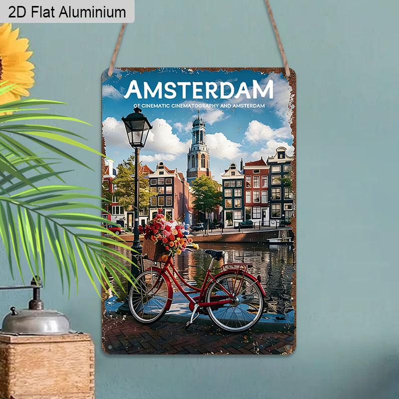 2D Flat, 1pc Vintage Amsterdam Aluminium Wall Art Sign "Cinematic Amsterdam" - 8"x12" Rustic Travel & Home Decor, Dutch Canal & Bicycle Wall Art