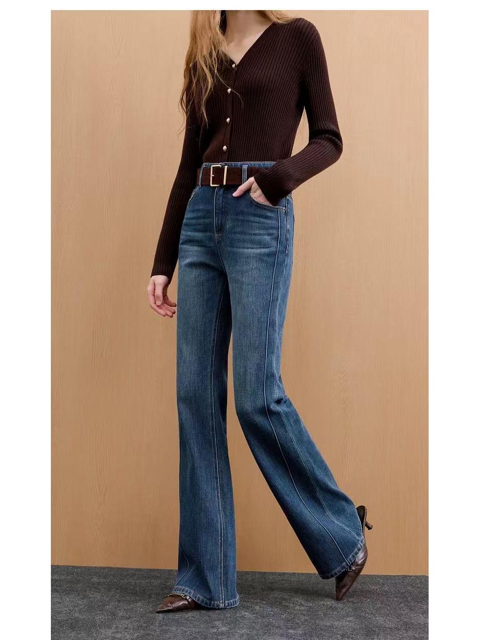 

Cross-Border Double-Breasted Ripped Edge Stretch Micro-Flare Jeans - Women s European & American Slimming 2026 Retro Style Large синий