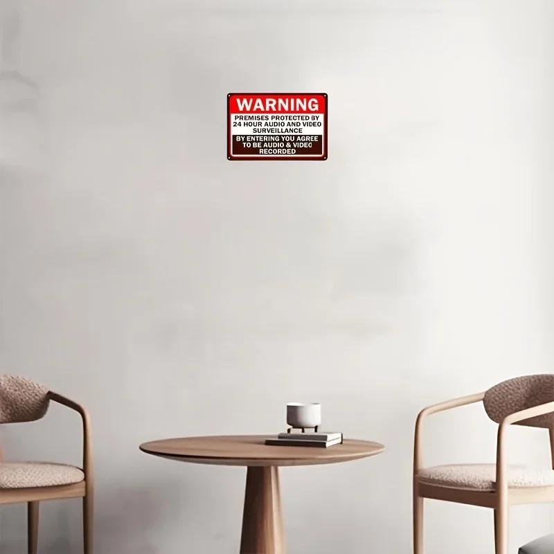 24-Hour Surveillance Alert Sign - 12x8 In Metal Tin Wall Art with Audio & Video Recording Warning, Privacy Notice Deterrent Sign