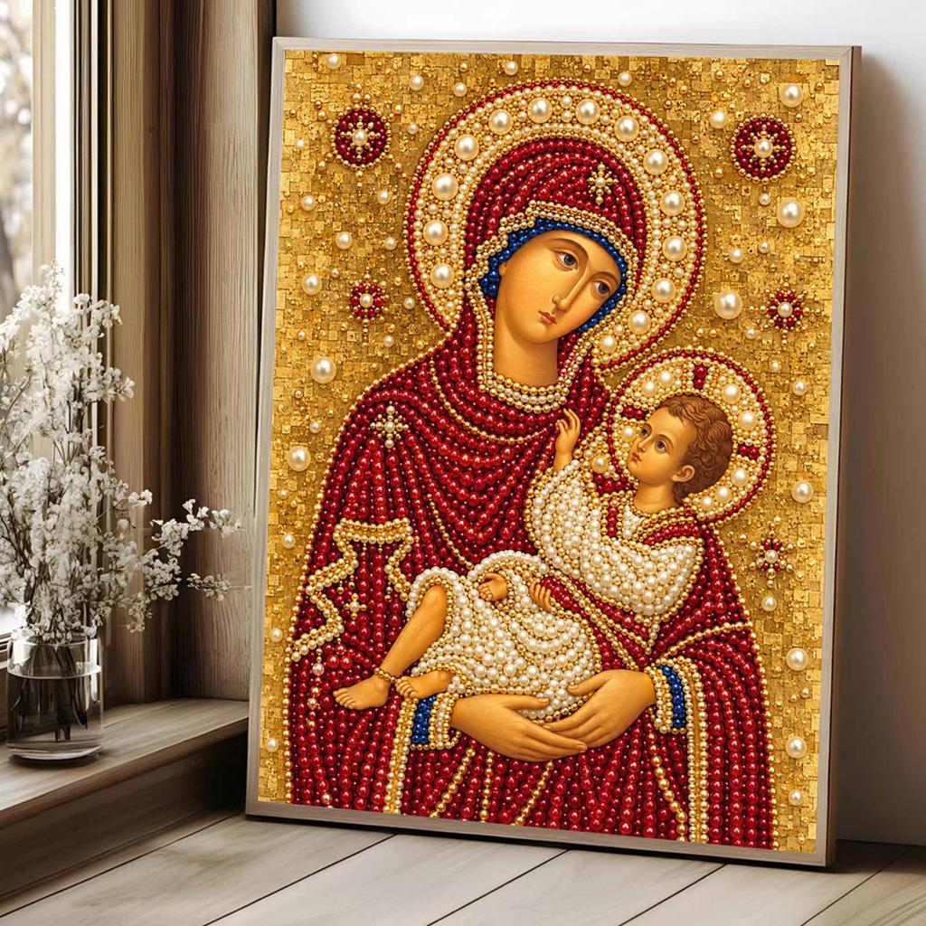 5D Framed Pearl Painting Kit Virgin Mary and Child Pattern Sparkling Bead Art Canvas Ready to Display Romantic Home Decor Gift