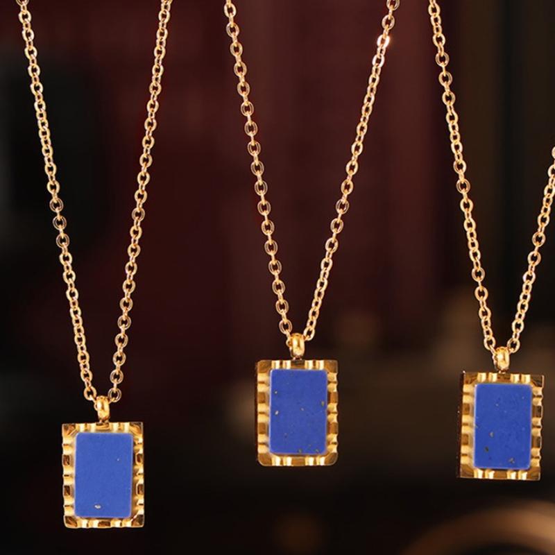 Vinatge Natural Sqaure Stone Pendant Lapis Lazuli Charm Necklace Stainless Steel Clavicle Chain For Women Jewelry