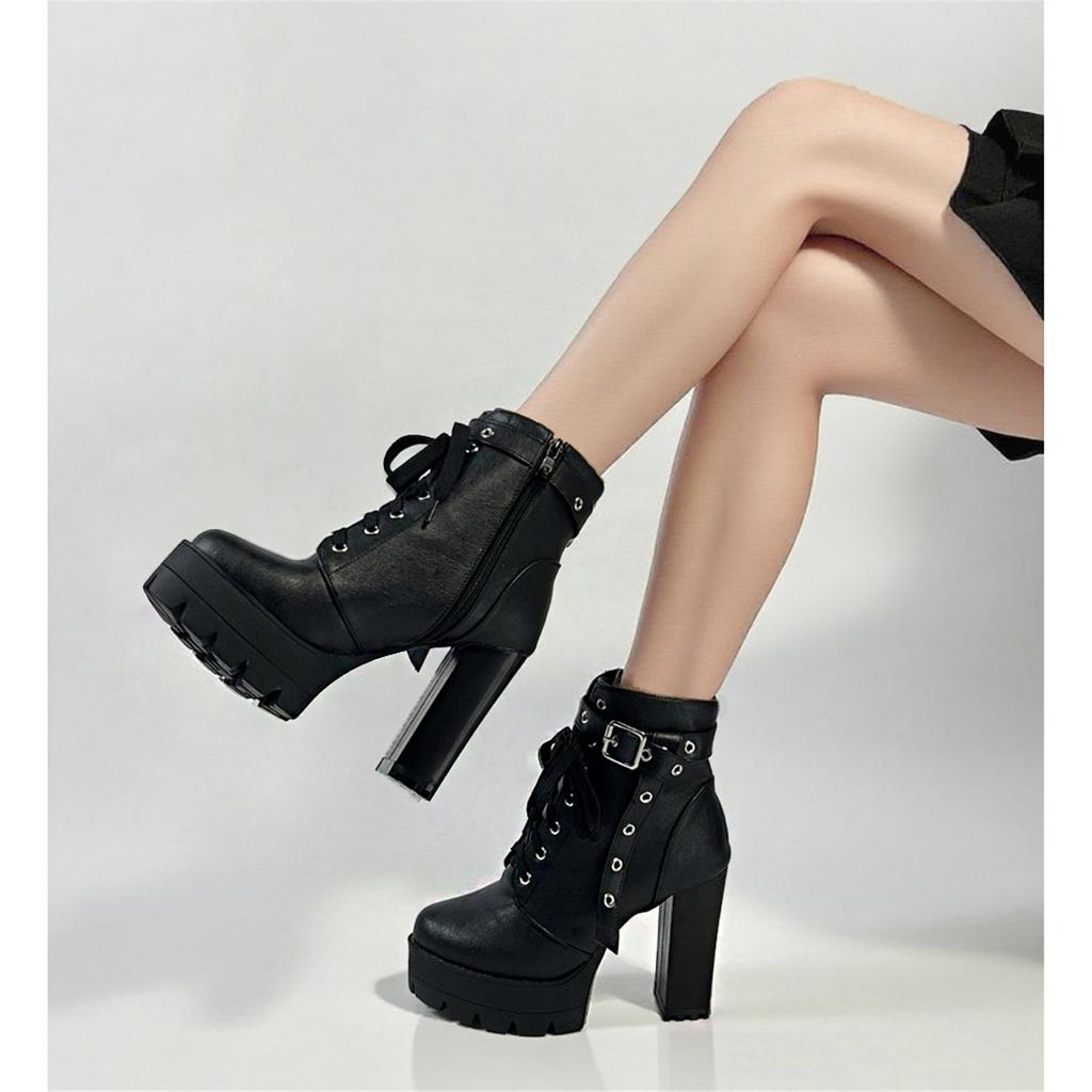 FOREADA Damen Stiefeletten Runde Zehenpartie Dicke Hohe Absätze Plateau Reißverschluss Schnürung Kurze Stiefel Damen Modeschuhe Herbst Winter Schwarz