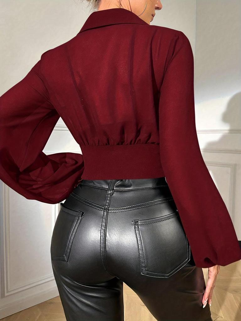 Elegant Lantern Sleeve Women's Solid Color Shirt