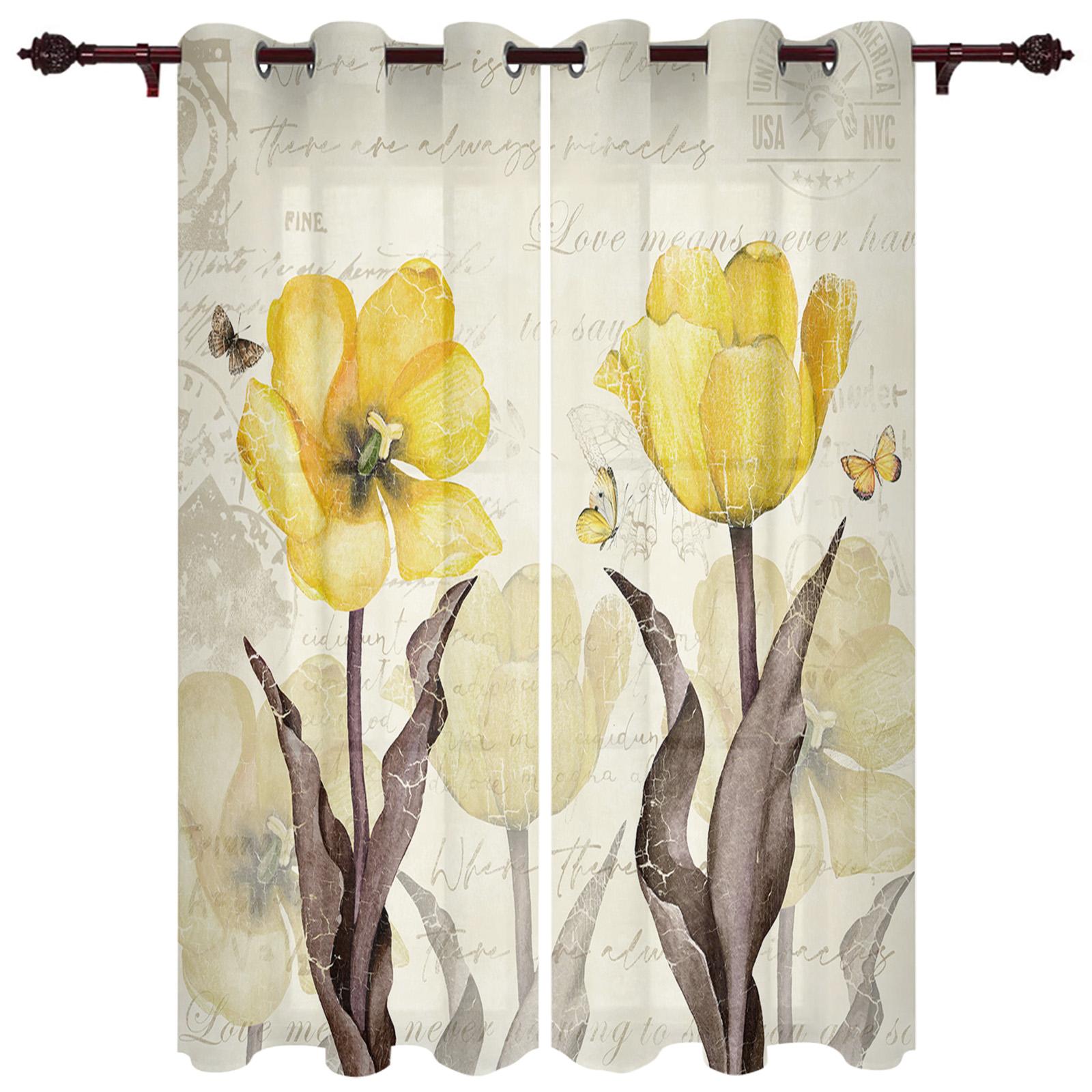 Винтажная занавеска на окно с цветком тюльпана и бабочкой — фото 9