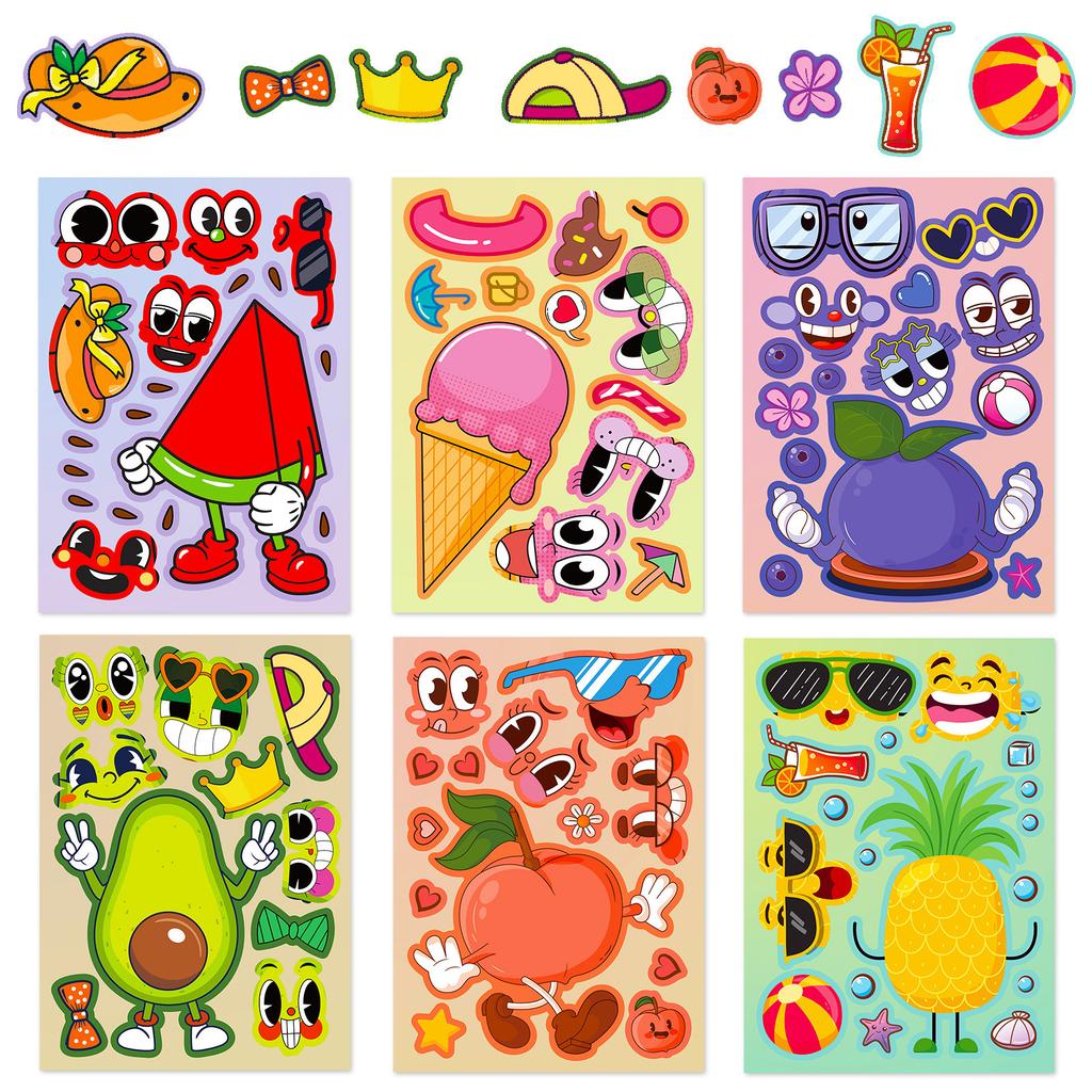 6 Photos/pack of Fruits In Summer Colorful Face-changing Stickers Make A Face Children's Creative Puzzle Stickers
