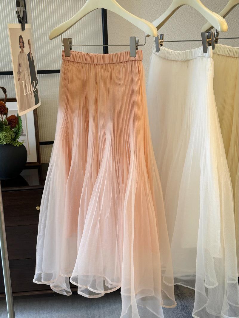 Romantic Gauzy Pleated Fishtail Mid-Length Skirt - Elegant French A-Line Umbrella Style One Size оранжевый/розовый