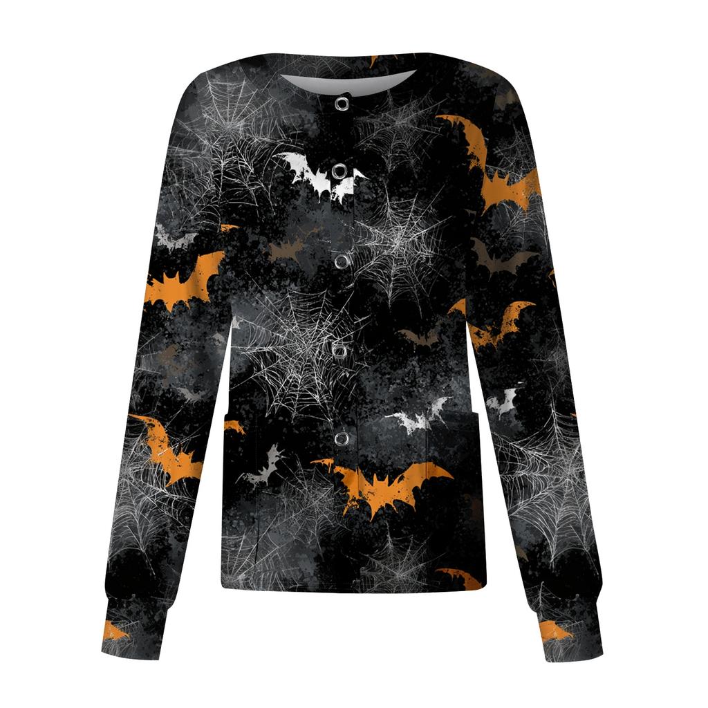 Women's Casual Long Sleeve Button Down Halloween Print Top for Costume Wear