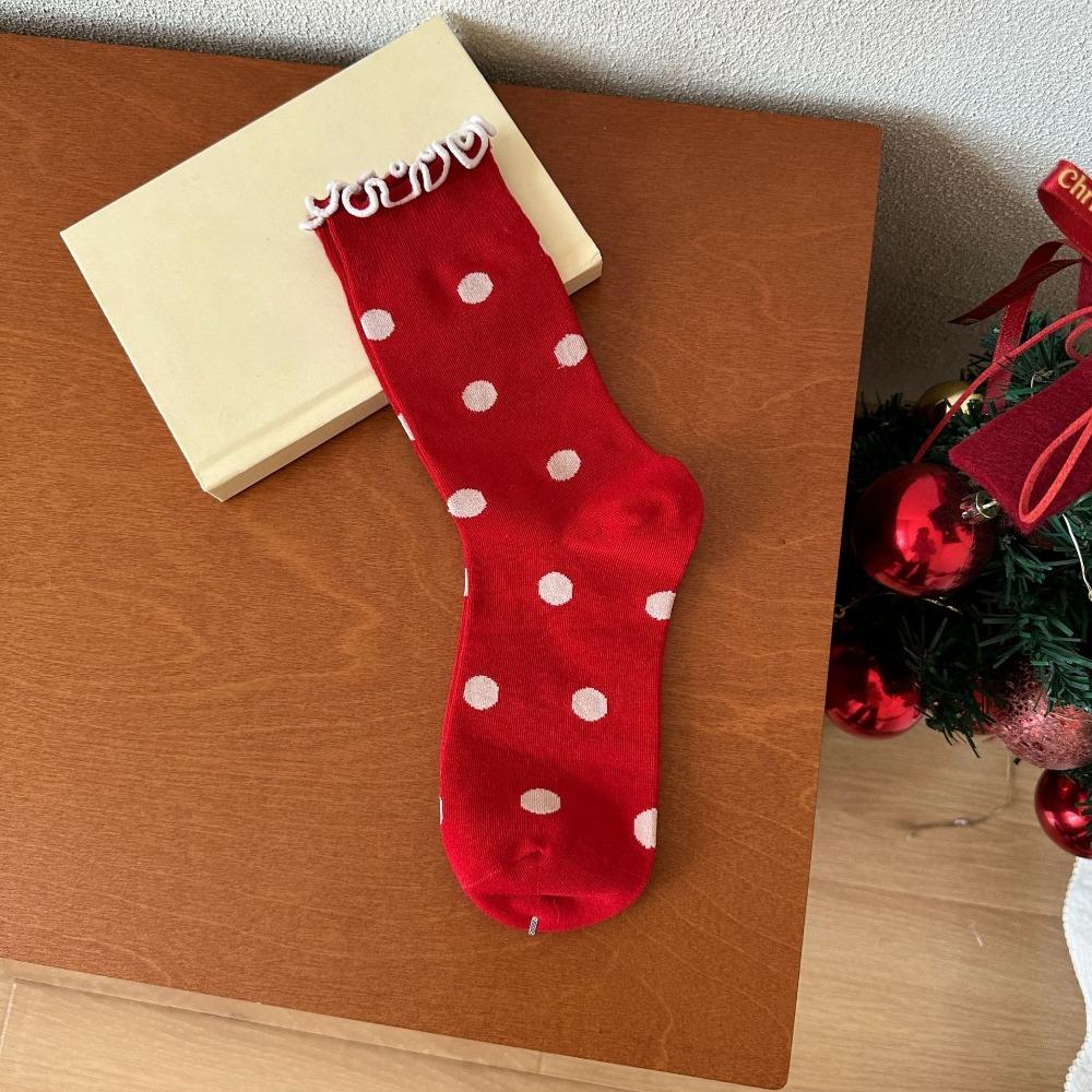 Soft Red Socks Combed Cotton Flower Socks Bow Heart Polka Dot Socks Lunar New Year