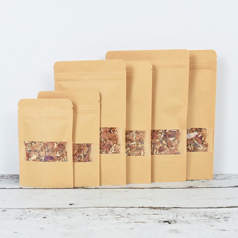 10st Kraftpapperspåsar med dragkedja och fönster för mat, snacks, te, självförslutande förvaringspåse, bröllop, hem, godis, presenter, förpackningspåse