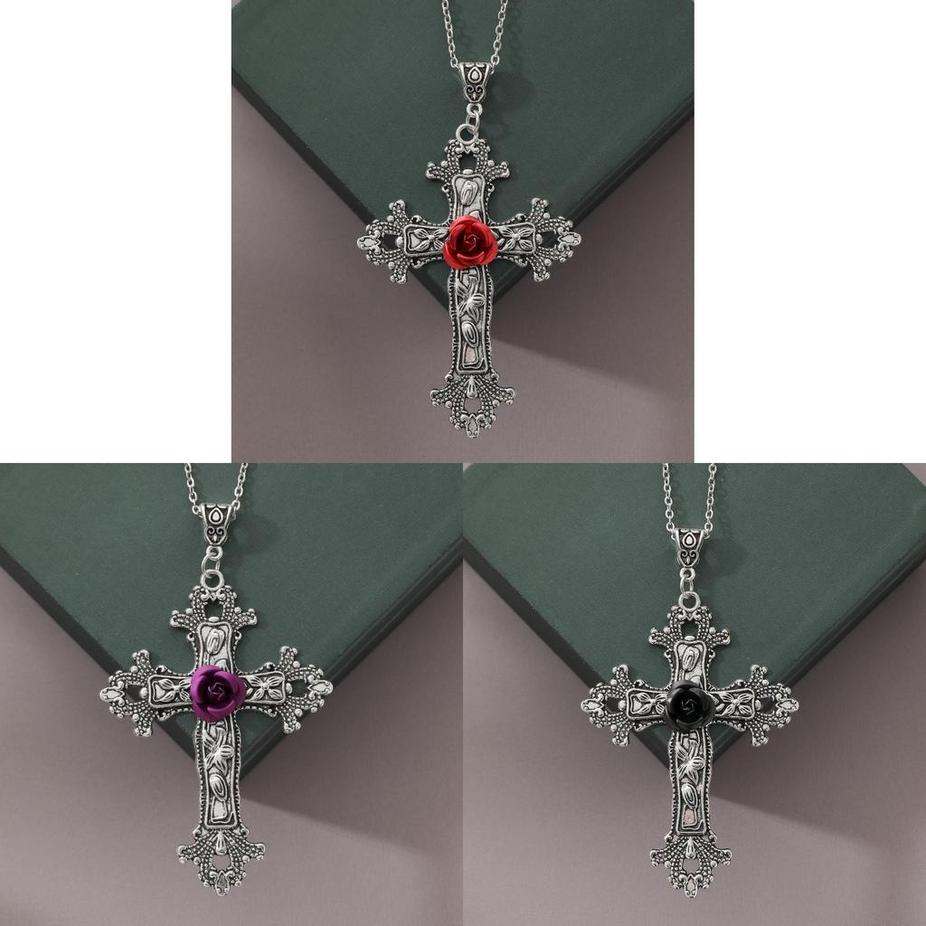 Gothic Rose Cross Pendant Necklace With Alloy Lockbone Chain For Women