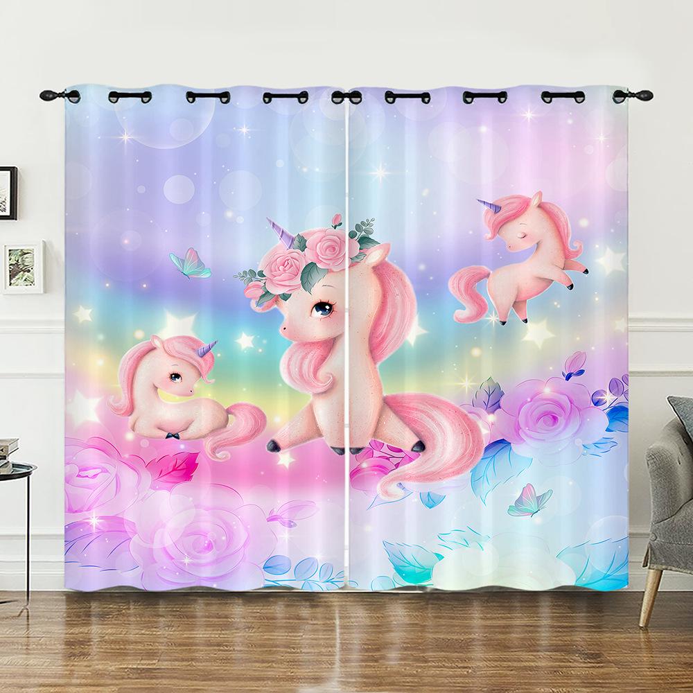Curtains Cartoon Unicorn Decorative Sunshade Digital Printing Curtains Blackout Free Punching