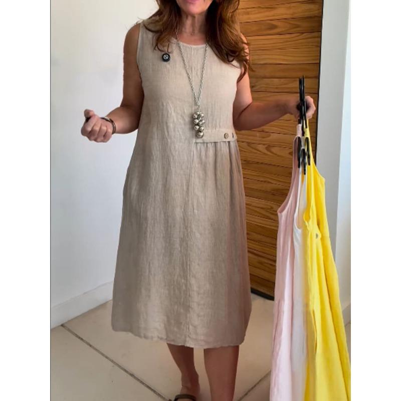 

DAFIFY Женская мода Лето Весна Однотонный принт Без рукавов Круглый вырез Свободная талия Повседневные платья XXXXXL хаки