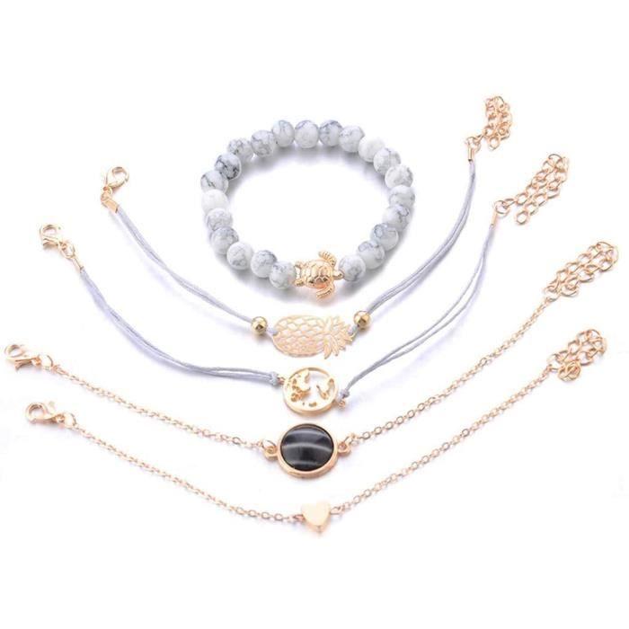 Bracelet pour Femme 5 pcs chaîne géométrique Manchette Ouverte Carte du Monde Tortue perlée et Bracelet Turquoise Ensemble Boh[47]